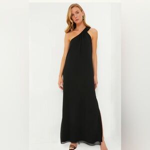 Tuckernuck Pomander Place Black Soleil Asymmetrical One-Shoulder Cocktail Gown.